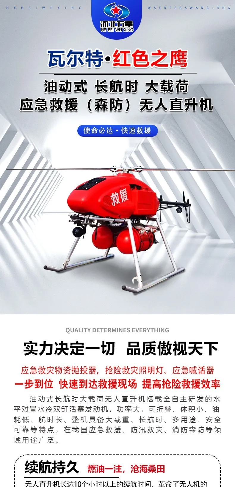 河北五星“瓦尔特·红色之鹰”油动式大载荷长航时应急救援无人直升机